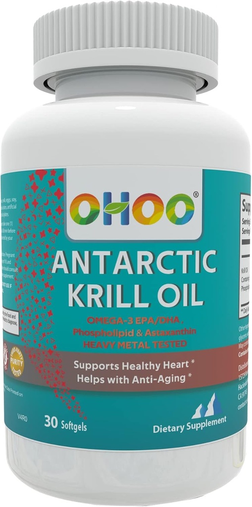 OHOO Antartika Krill Oil 500mg Omega- 3 EPA & DHA Suplement, Phoholipids, Antioksidant Astaxanthin, Supports Heally Heart dan Anti- Aging Suplemen dengan No Fishy Aftertaste, 30 Softgeels