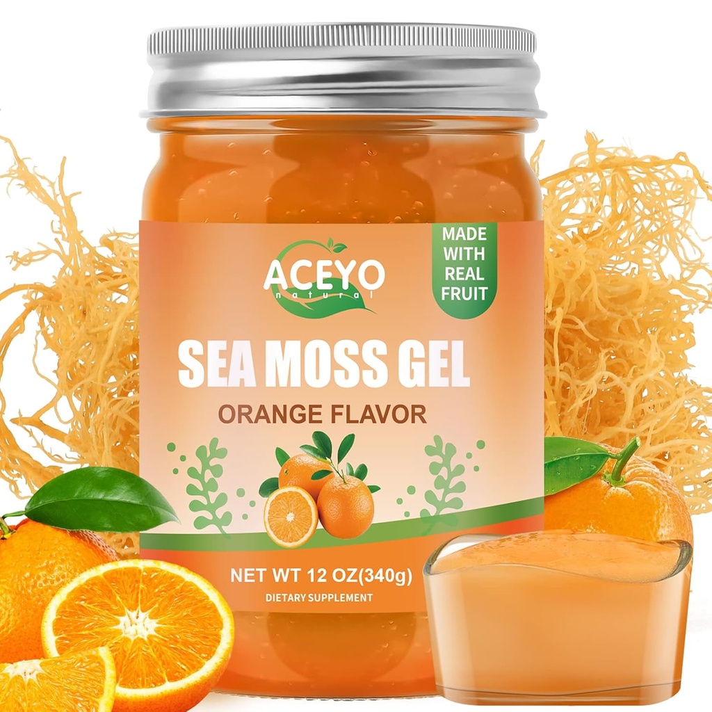 ACEYO (12 OZ) Sea Moss Gel Organic Raw Vegan Orange Flavored Irish Seamoss 102 Vitamin dan Mineral Wild Harowed Non-GMO Ammune Defense Booster Thyroid Digetsy Support
