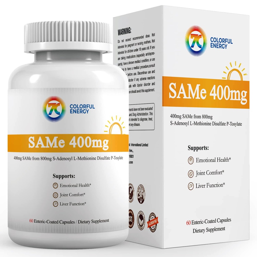 7c Sam e 400mg Suplemen (S-Adenosylmethionine), Vitamin B6, B12 Ditambahkan ke Enhance Sam- e Effectivity, Mood and Joint Comfort, Vegan, Non-GMO, Gluten- Free, 60 Ensiic Coated Capsules