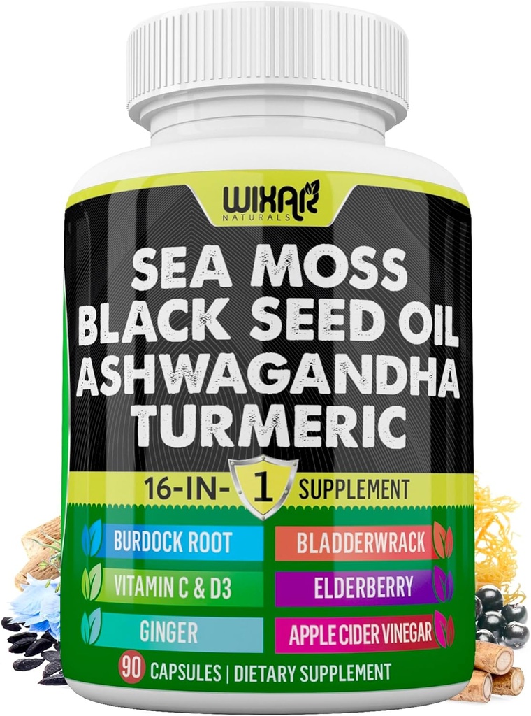 Wixar Sea Moss 3000mg Black Seed Oil 2000mg Ashwagandha 10000mg Turmeric 1000mg Bladdercrack 1000mg Burdock 1000mg & Vitamin C & D3 dengan Elderberry Dandelion Yellow Dock Chlorophill AC5 - 90 Capsules