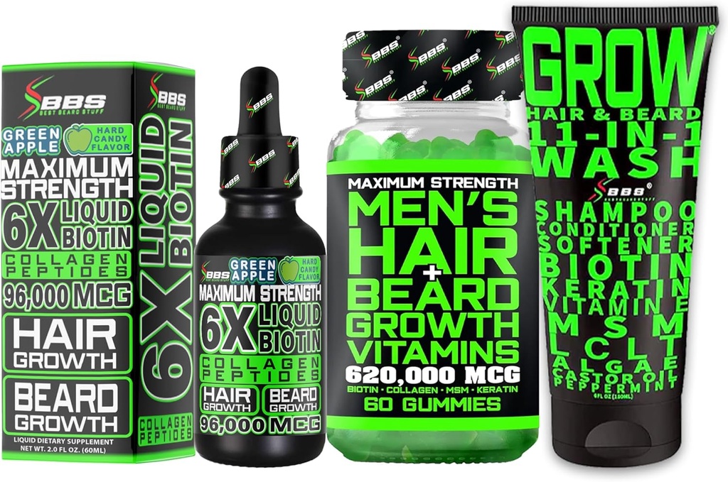 Beard Growth Kit w / Grow 11 in- 1 Hair Growth Shamets for Men & Conditioner w / Biotin + Beard Growins & Hair Growth Vitamin for Men + 6X Liquid Bioten with Collagen - Formulated in America
