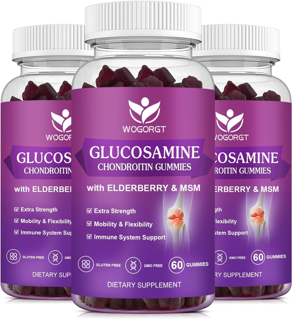 Glucosamin Chondroitin Gummies dengan MSM & Elderberry - 1500mg Glucosamin Chondroitin Suplemen untuk Fleksibilitas dan Dukungan Imune untuk Pria & Perempuan, 60 Gummi (3 Kemasan)