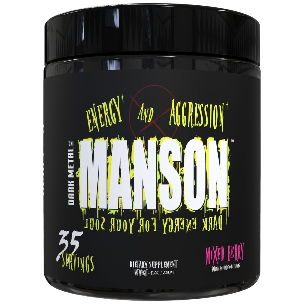 DARK METAAL Inc Manson High Stim Pre Workout Powder, Energi Fokus Kekuatan, Penuh dengan Beta Alanine L Carnitine Caffeine Infinergy, 35 Srvgs, Mixed Berry