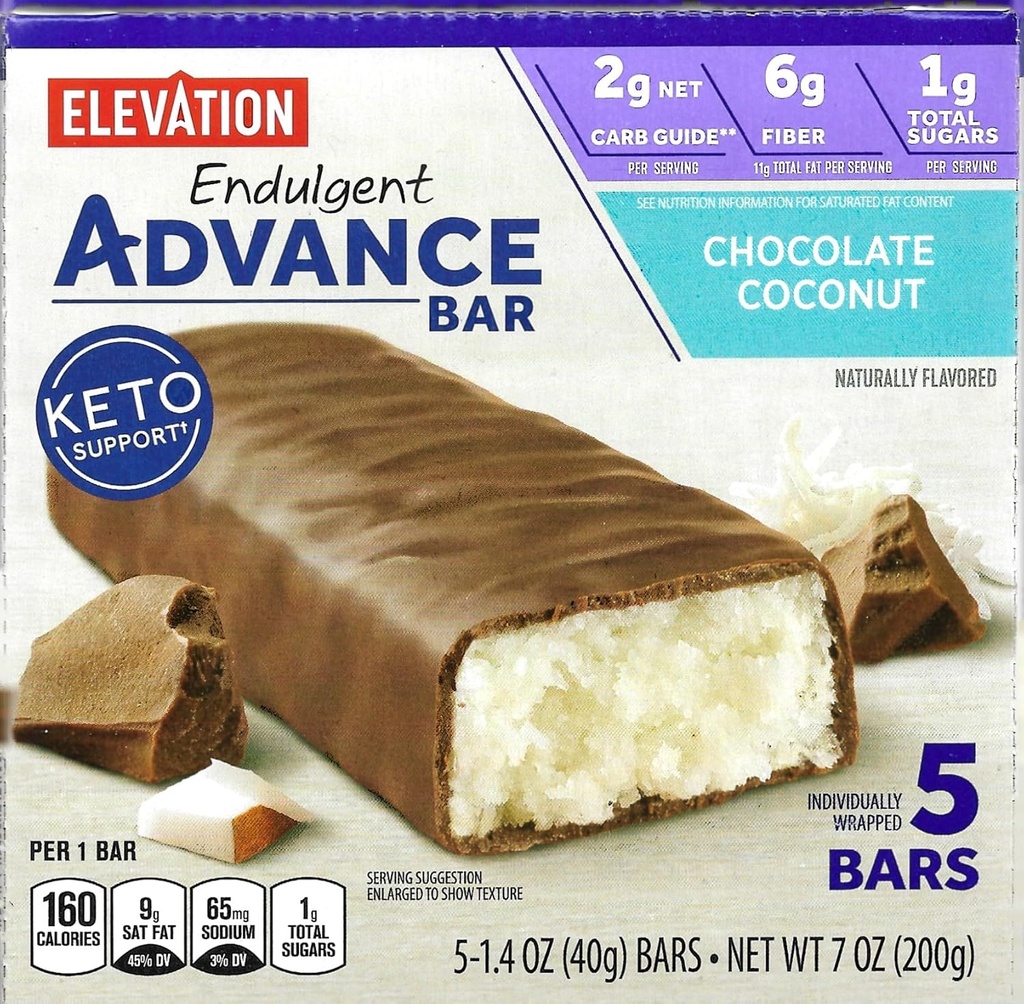 Milville Elevation Chocolate Coconut Bars, Carb Conscious, 5g Protein, dengan Resep. Satu kotak berisi 5, 1.4oz Individually Wrapped Bars.