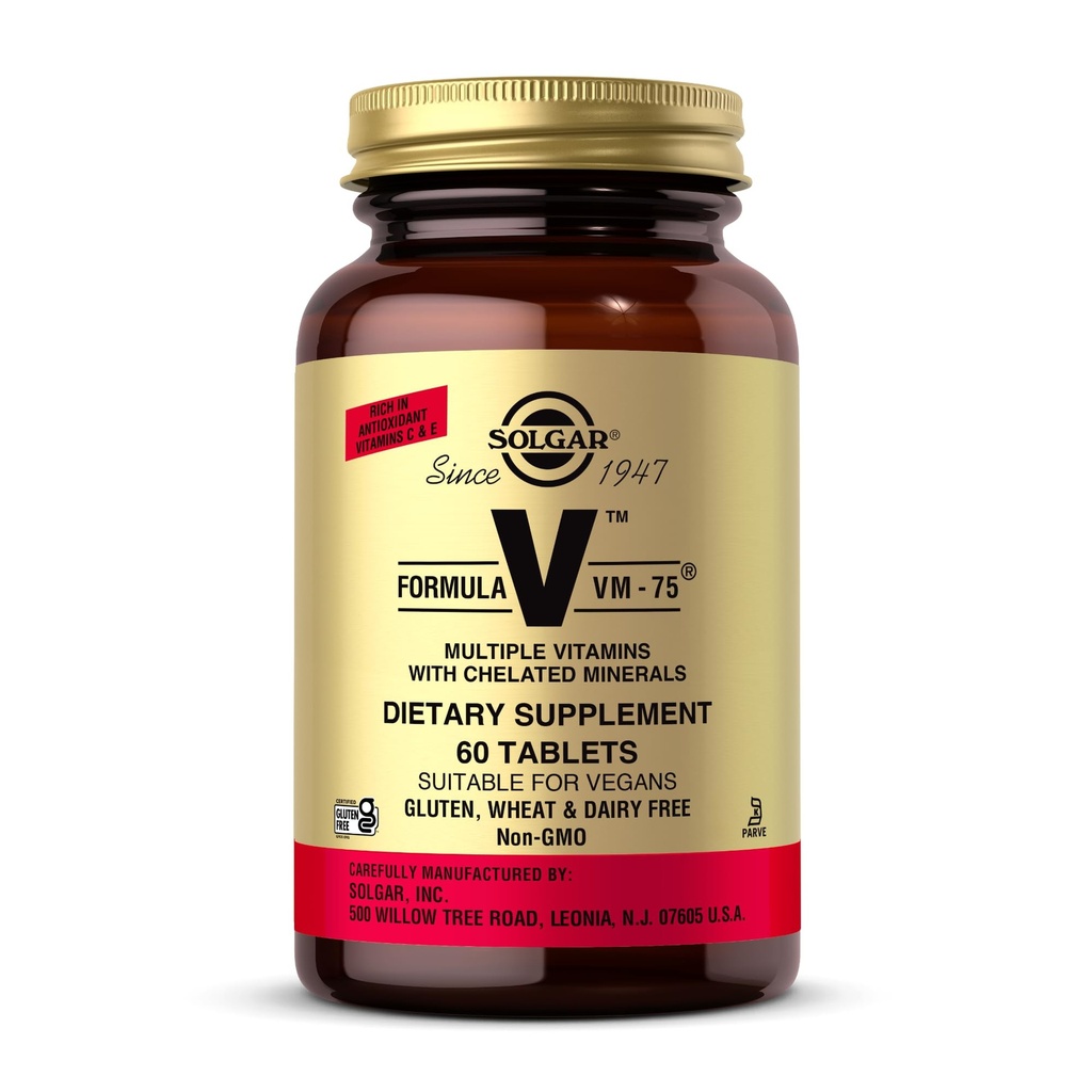 Solgar Formula VM-75, 60 Tablet - Multivitamin with Chemated Mineral - Vitamin A, B6, B12, C, D, E - Biotin, Magnesium, Calcium, Besi, Zinc - Vegan, Gluten Free, Dairy Free, Kosher - 60 Servings