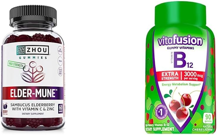 ZHOU Nutrition Elderberry Gummies Immune Dukung Bundle dengan Vitafusin B12 Gummies Energy Metabolisme Dukungan, 60 dan 90 Count