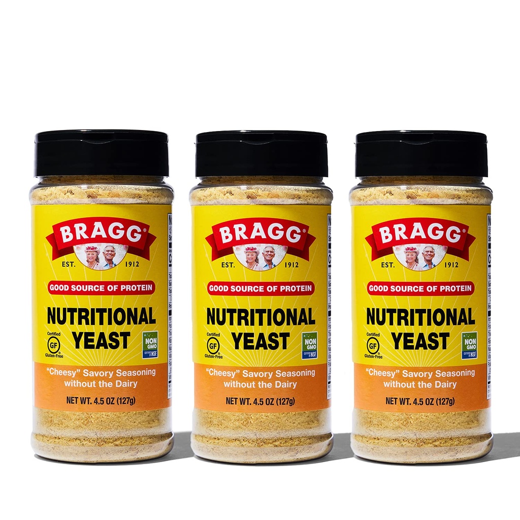 "Bragg Nutration Yeast Seasoning" - "Vegan, Gluten Free Cheese Flakes" - "Good Source of Protein & Vitamin" - "Nutorious Savory Parmesan Cheese Substitute" -