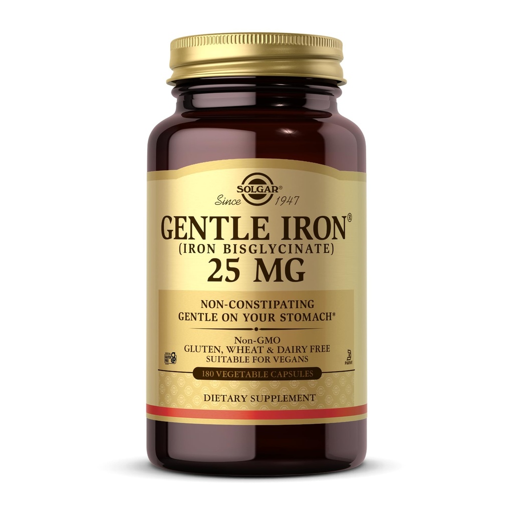 Solgar Gentle Iron (Iron Bisglycinate) 25 mg - 180 Vegetable Capsules - None-Constipating, Gentle on Your Stomach - Non-GMO, Gluten Free - 180 Servings