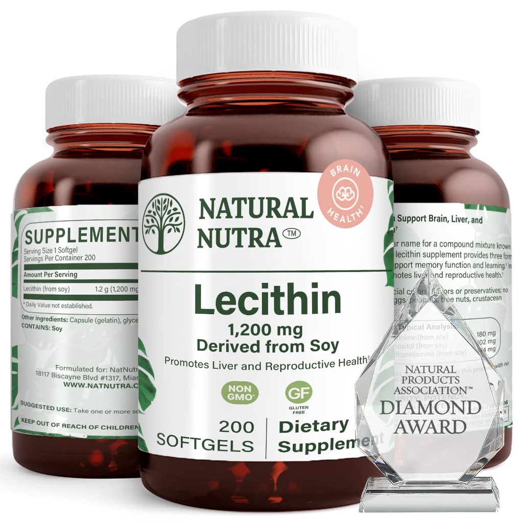 Suplemen Dietary 1200 mg Fungsi Natural Nutra Soy Leethin - Fungsi Otak, Kesehatan Liver, Kesehatan Procreant, Suplemen Boosting - Bebas Gluten- Bebas, BPA- Bebas, 200 Softgels dalam Botol Kaca Yang Dapat Direkrut