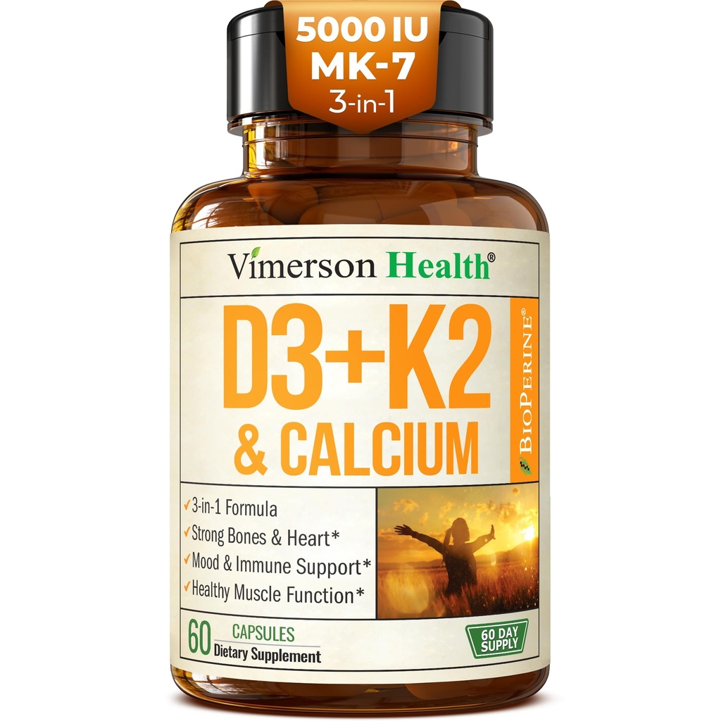Vitamin D3 K2 Tambahan - All-in- 1 Dukungan untuk Imune, Bone & Heart Health dengan Vitamin D + Vitamin K (sebagai MK7) - K2 D3 (5000 IU) Vitamin Tambahan dengan Black Pepper untuk Lap Max, 60 Capsules