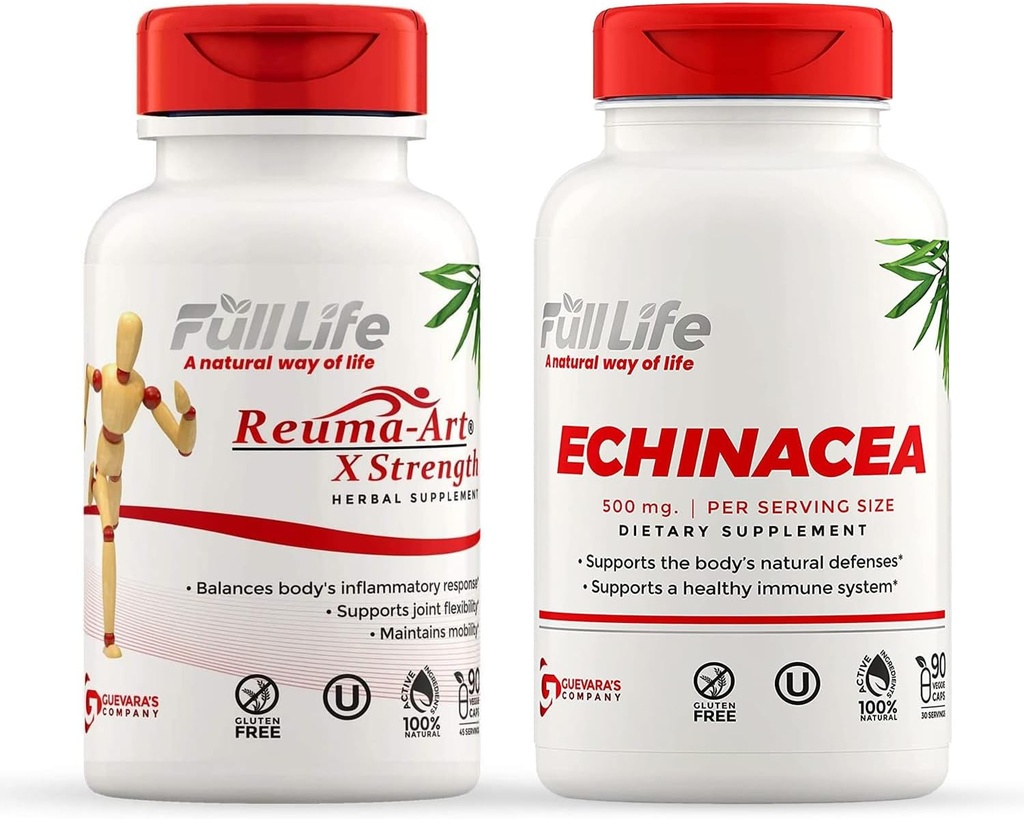 Full Life Reuma- Art X Kekuatan dan Echinacea Capsules - Bersama Dukungan Dukungan - Echinacea Purpurea Ektract - Kosher, Gluten- Bebas - 90 Vevgie Capsules Masing-masing