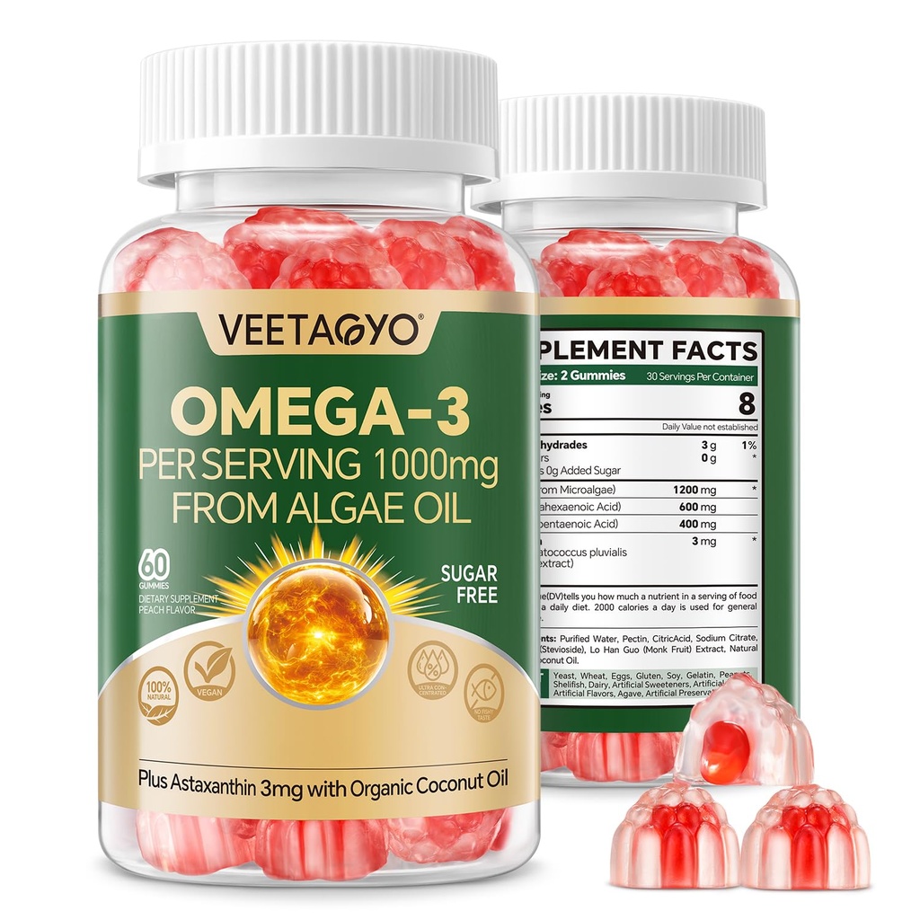 Vegan Omega 3 Gummies 1200mg - Dual Oil Alternatif, Marine Algae Omega 3 Suplemen DHA 600mg, EPA 400mg dengan Astaxanthin, Sugar Free, 60 Cts
