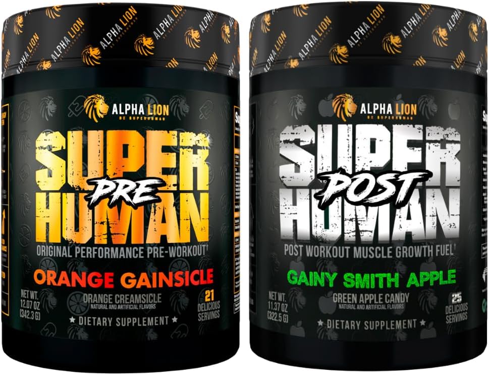 ALPHA LION Superhuman Pre Workout Powder & Post Workout Bundle, Substained Energy & Focus + Lean Muscle Growth, Power & Volume (Hulk Juice & Gaery Smith Apple)