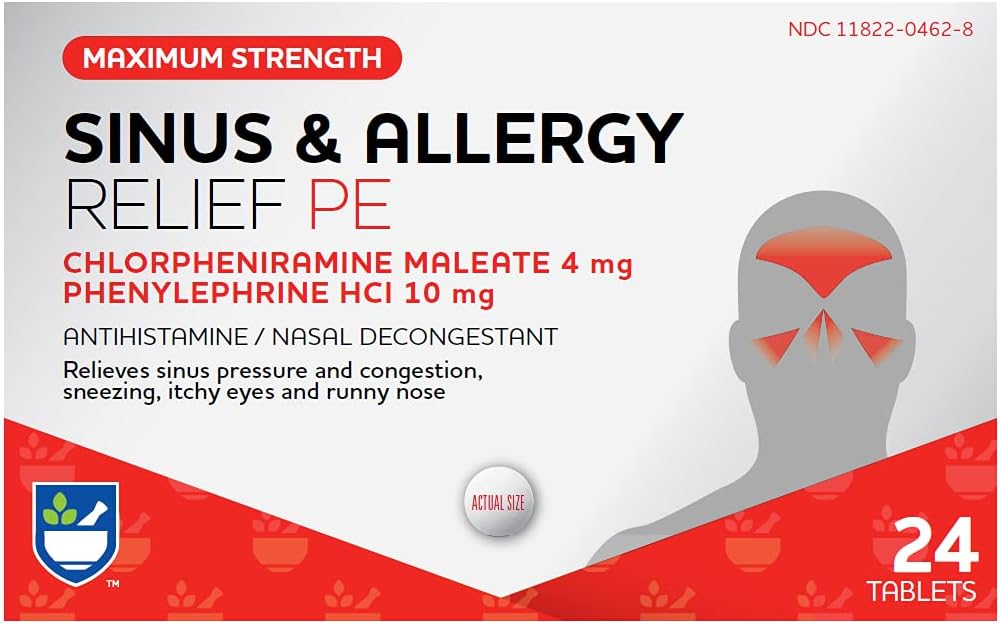 Rite Aid Sinus & Allergy Relief PE Tablet, Maksimum Strength - 24 Count 124; Antihistamin dan Deconongestant Nasal 124; 4 Hour Allergy Medication 124; Allergy and Contraffic Relief