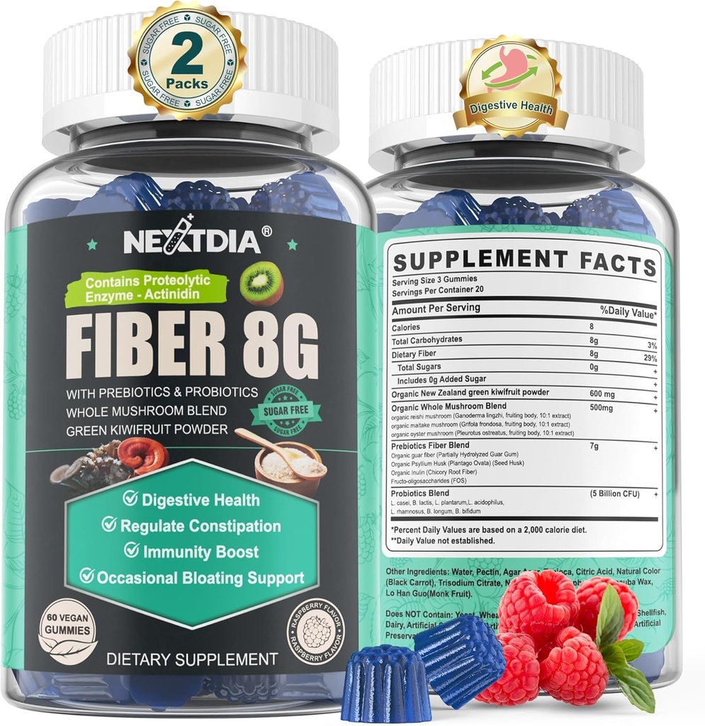 Sugar Free Prebiotic Fiber Supplement for Women & Men Alagly 124; 8G High Fiber Gummies with Mushroom, Psyllium Husk, Digetical Enzymes, Guar Gum, Inulin to Dut & Digetical Health 124; 120 Vegan Gummies