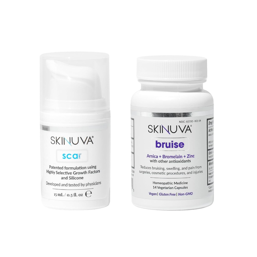 Skinuva ® Scar (0.5 oz) & Bruise (14 kapsul) - Advanced Silicone Cream Formulated with Growth Facters & Homepathic Brumedy Formulasi dengan Arnica, Bromelain & Zinc