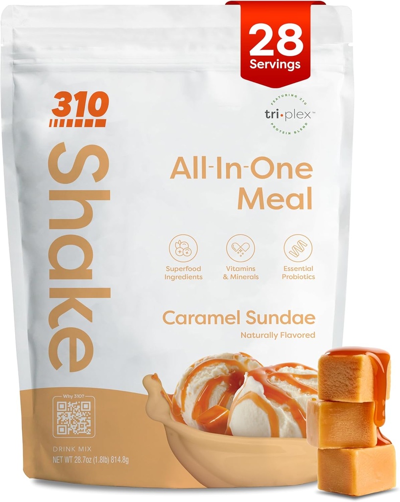310 Nutrition All- InOne Meal Replacement Shake Powder - Plant-Based Protein Smoothie Blend w / High Fiber, Probles & Adaptogens - Low Carb, Vegan, Keto & Paleo Friendly - Caramel Sundae - 28 Srv