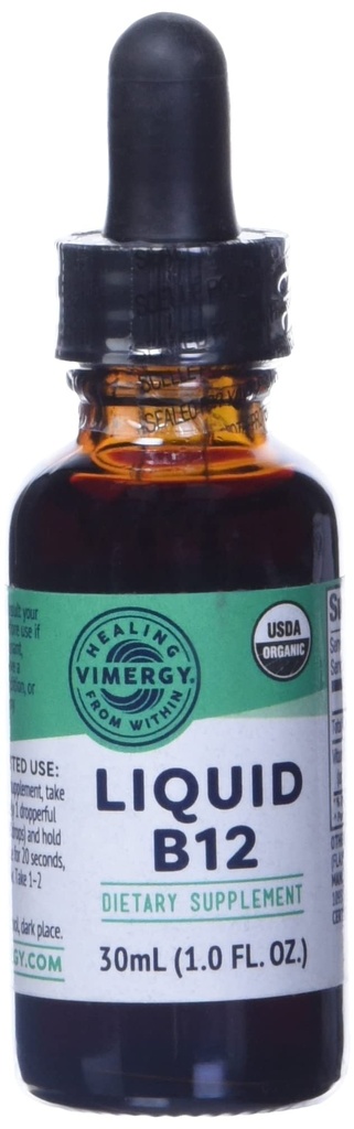 Vimergy Organic Liquid Vitamin B12 Supplemen 2500 mcg, Methylcobalamin & Adenosylcobalamin Fast - Absorbing Energy Dukung USDA Organik, Vegan, Non-GMO B12 Vitamin Bagi Perempuan & Pria Serving (30 mL)