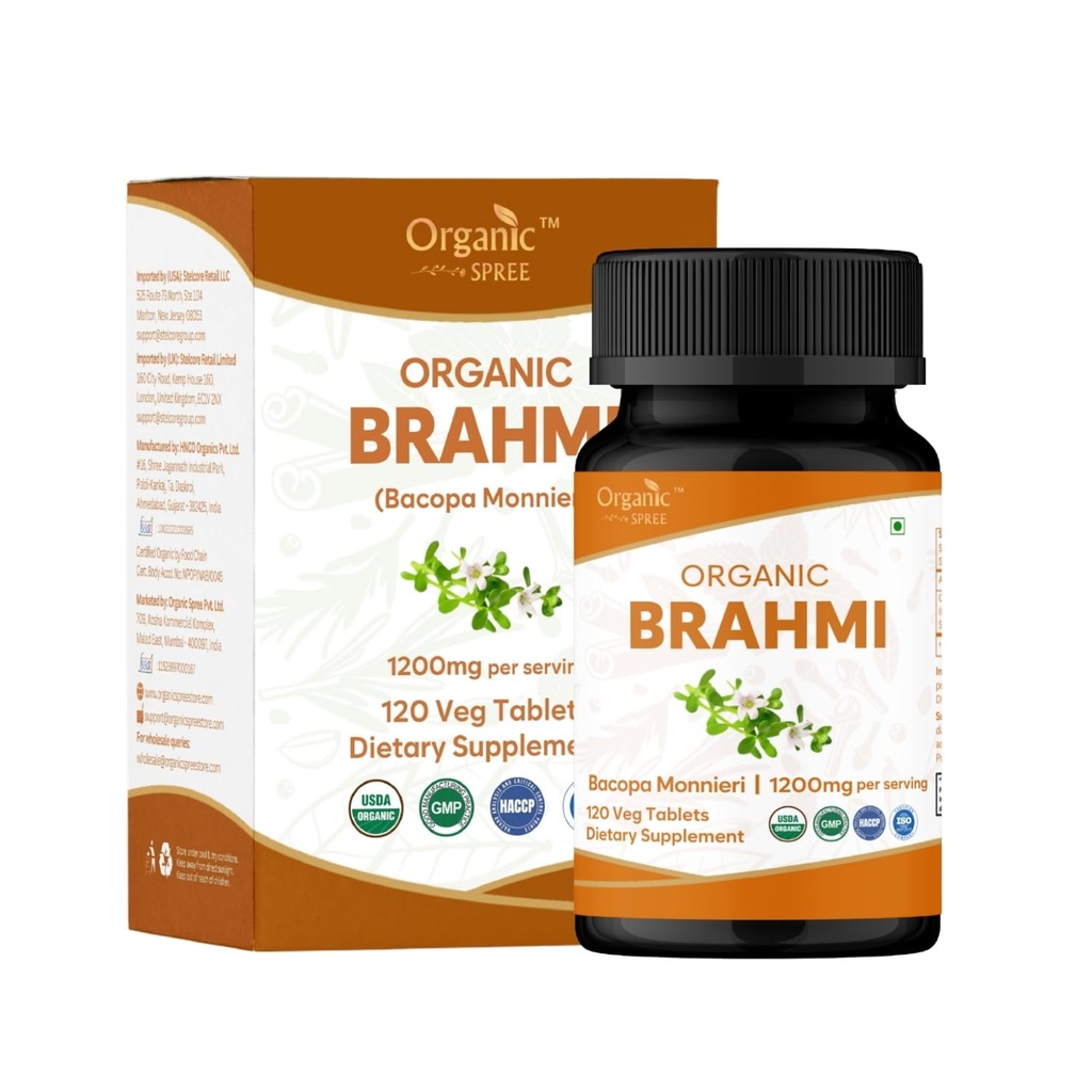 Brahmi 120 Tablet - USDA Organik Bacopa Monnieri Suplemen - Support Fokus, Tenang & Memori - Herbal Nootropic *