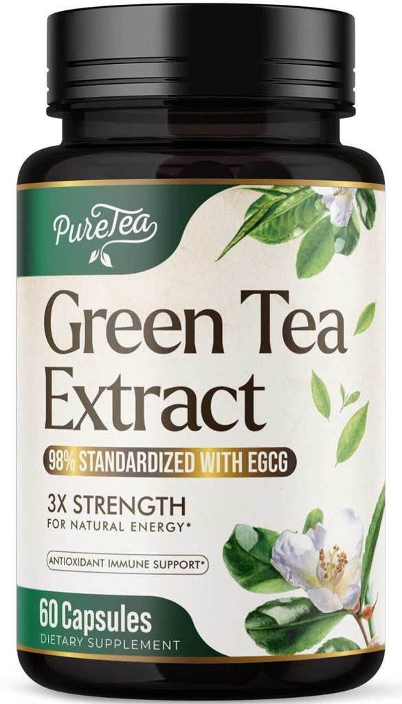 Green Tea Extract Capsules 1000mg dengan 45% EGG & 98% Polyphenols untuk Heart Dukungan dengan Antioksidants - 3X Pil Teh Hijau Pasokan untuk Energi Alam, Kafein Lembut - 60 Kapsul