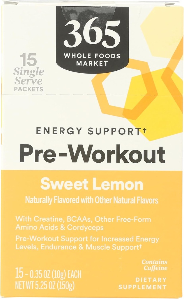365 oleh Whole Foods Market, Pra-Workout Energi Dukungan dengan Caffeine, Single- Save Packets, Sweet Lemon, 15 Count