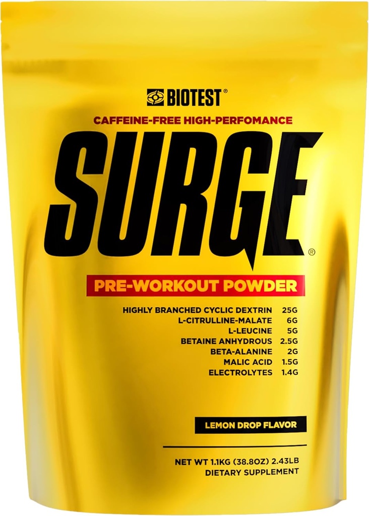 Surge Pre-Workout Powderl - 25 g Sangat Branched Cyclic Dextrin, 6,5 g Citrulline Malate, 5 g L-Leucine, 2,5 g Betaine Anhidlous, 2 g Beta- Alanine, 1.4 g Electrolyte Blad - 1.1 Kg