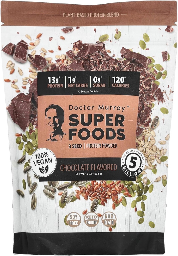 Super Foods Dr Murray, 3 Benih Protein Powder, Pumpkin + Flax + Sunflower, Coklat, 16 oz (453.5 g)