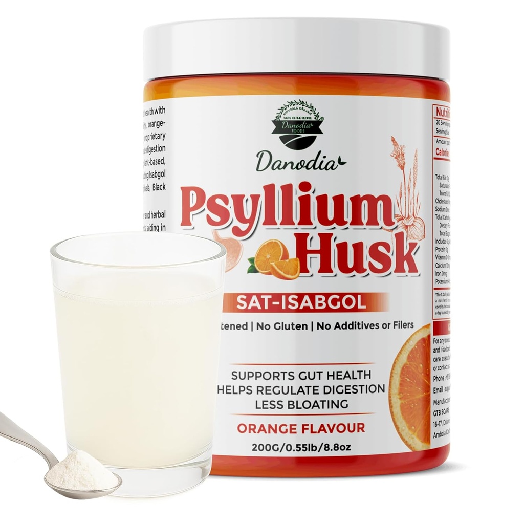 Danodia Foods Organic Psyllium Husk Powder Mild Orange Flavor, 200g (8.8oz)