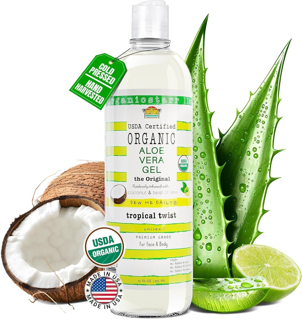 USDA Certified Organic Aloe Vera Gel 12 oz - 100% Pure, Cold Pressed, Hand Haressed, Infused with Coconut, Lime & Verbena Escience Oil, Chemical - Free - Skin & Hair Care, made in USA