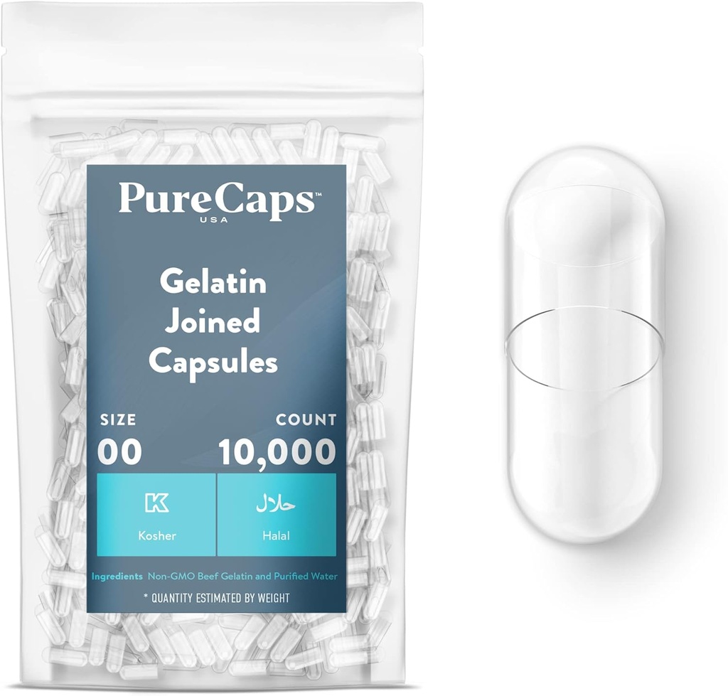 PureCaps USA - Kosong Geltin Kapsules Ukuran 00 124; 10.000 Tergabung Pil 126; Hapus 124; Non-GMO Certifikasi 124; SLS, Gluten, Preservative Bebas