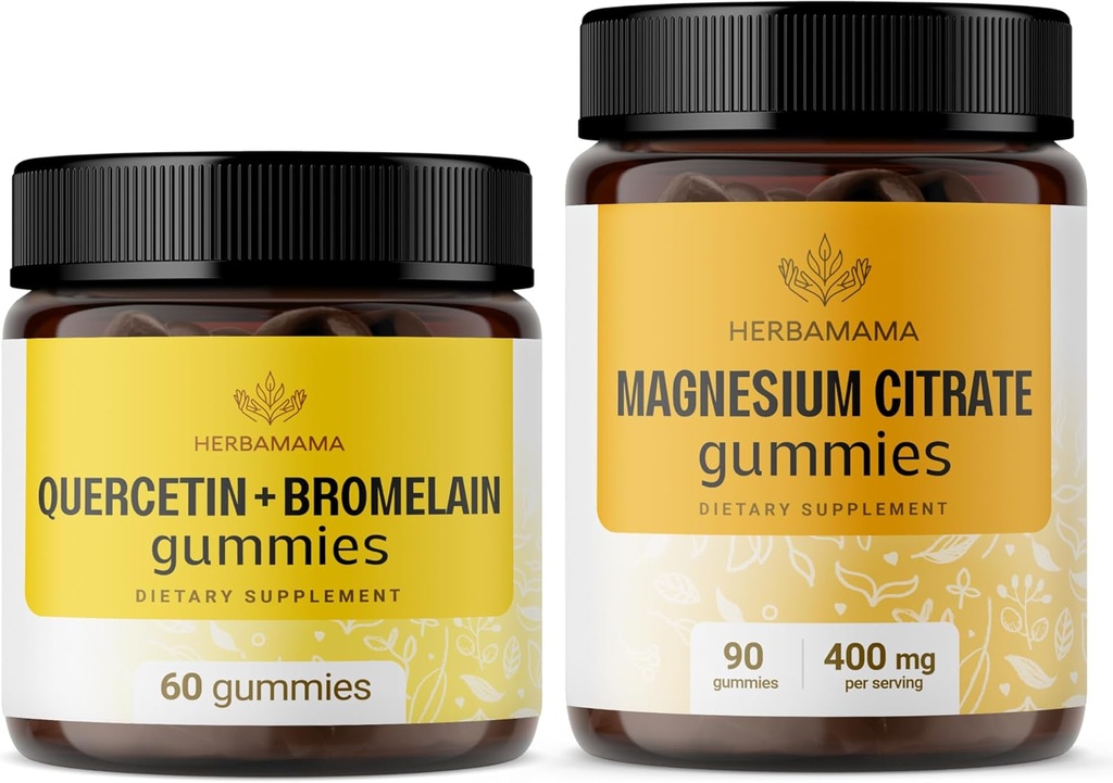 HERBAMAMA Quercetin dan Magnesium Gummies Kit - Bundle of 800 mg Quercetin dengan Bromelain dan 400 mg Magnesium Citrate Gummies - Vegan, Non- GMO, Glatin- Free - 2 Pack