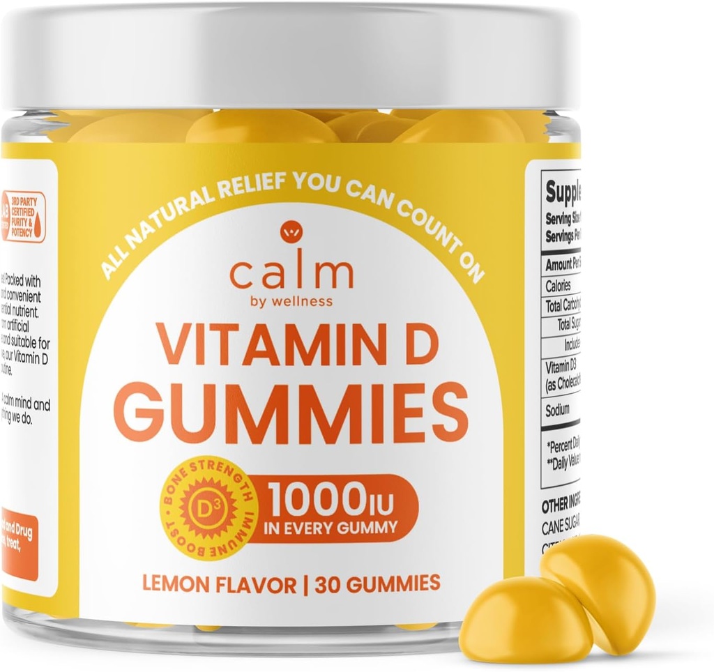 Tenang dengan Wellness Vitamin D Gummies untuk Dewasa, Vitamin D3 Gummy, Vitamin untuk Bone dan Imune System Dukungan, Lemon Flavor, 30 Count