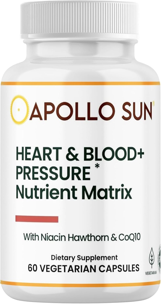 APollo SuN Heart dan Blood + Pressure Supplement Nutrient Matrix dengan Hawthorn Extract, Niacin, dan COQ10, 60 Vegetarian Capsules