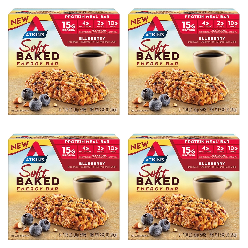 Atkins Blueberry Flavared Soft Baked Energy Bars, High in Protein Snack Bar, Low Sugar, High Fiber Snack, Protein Snack, 4 Paket (4 Bars Masing-masing)