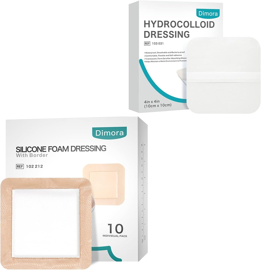 Dimora Hydrocolloid Dressing10 Pack 0.3mm + Silicone Foam Dressing with Border Adhesive 6 "x6" 10 Pack