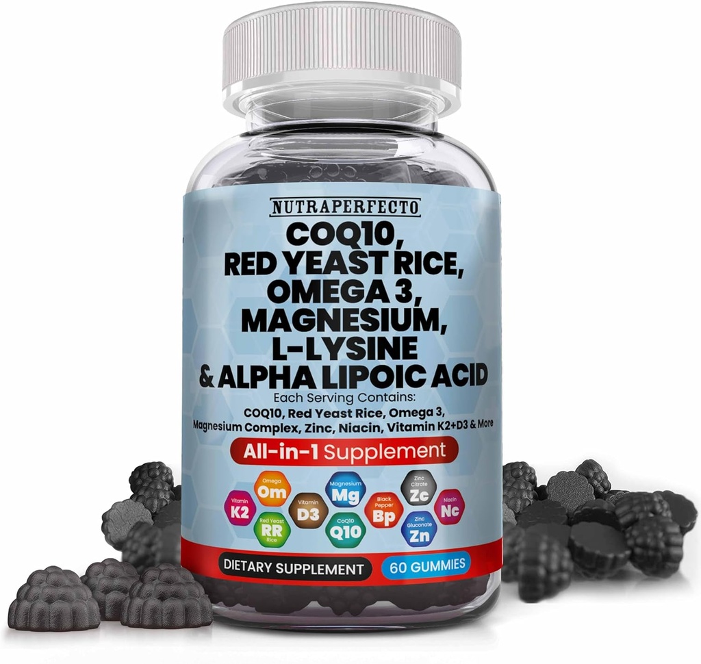 L- Lysine Coq10 Alpha Lipoic Acid Gummies Red Yeast Rice Magnesium Gummy for Dewata dan Anak-anak - Acid Acid Omega 3 Niacin Zinc Vitamin K2 D3 B3 - Vitamin untuk Perempuan dan Pria - 60 Gummy Bears