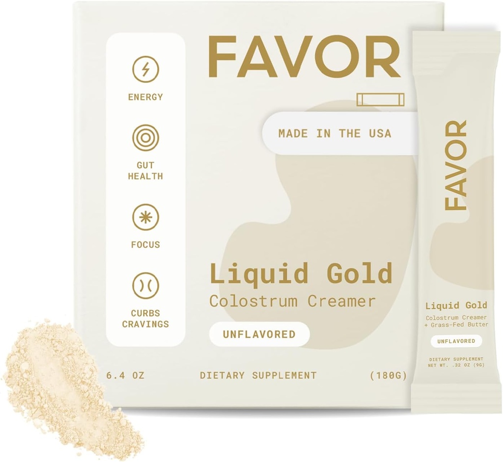 FAVOR BROVOR Colostrum Creamer 124; Grass Fed Cows 124; Powrents Package For Coffee 124; MCT Oil 124; Liquid Gold Whole Colostrum 124; Keto Friendly Superfood 124; Made With Butter 124; Concious Human Health [Unflashed]