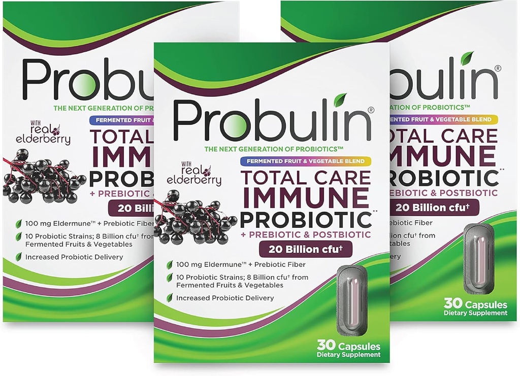 Probulin Total Care Imune = Pregities + Propoletic + Postbigly + Elderberry untuk menyokong Immune & Gut Kesehatan - 20 Milyar CFU - 10 Strains - 30 Vegan Capsules (Paket 3)