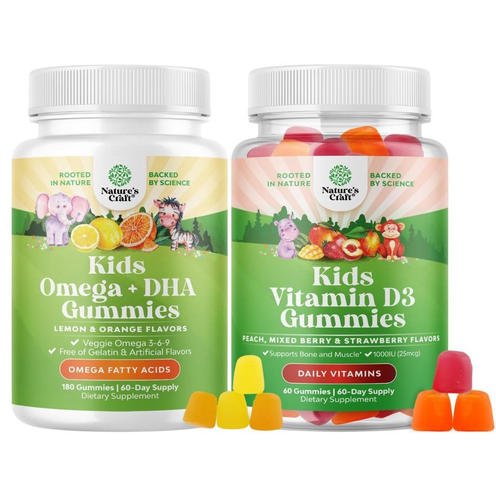 Bundle of Omega DHA Gummies for Kids - Fatty Acids Omega 3 6 9 - Vitamin C for Brain, Imunity & Vision and Vitamin D Gummies for Kids - 1000 IU Per Serving - Imune Dukung Muscle Teeth & Bone Health