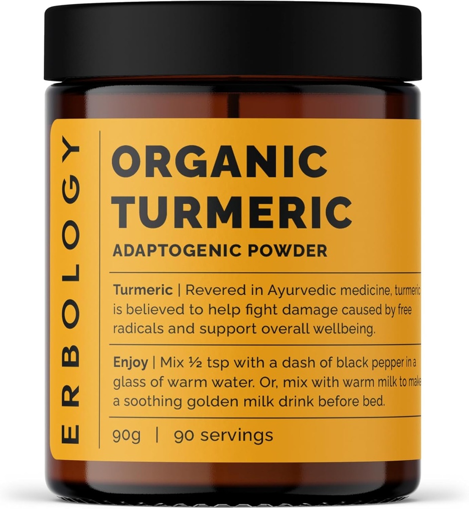 Erbologi Powder turmeric 3.2 oz - 90 pelayan - 5,5% Curcumin - Tidak ada Advanity atau Preservatif - Disediakan Langsung dari Pertanian di India - Vegan - GMO-Free