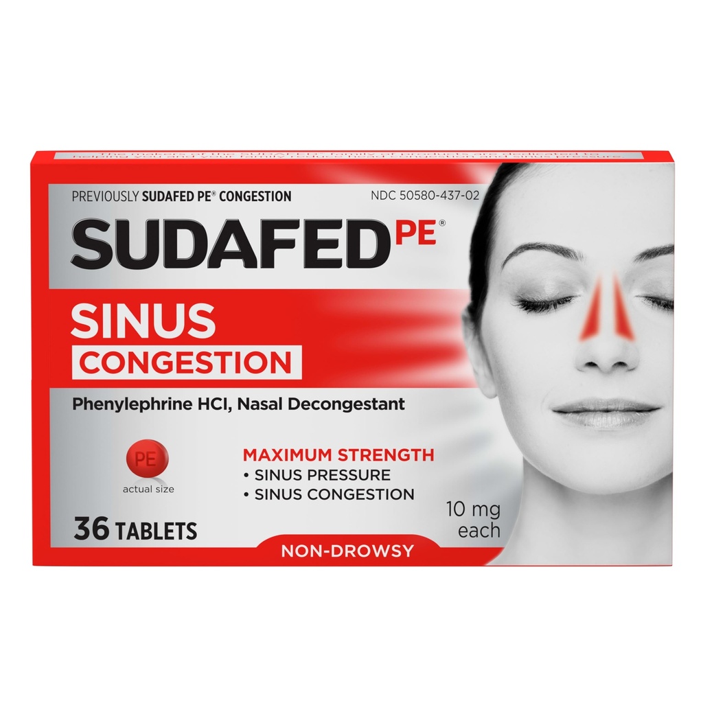 Sudafed PE Sinus Contraffic Relief Table, Maximum Power, Non-Drowsy 10 mg Phenylephrine HCI Deconongestant for Sinus Tekanan & Nasal Contraffic Relief, Dikarenakan Cold atau Allergies, 36