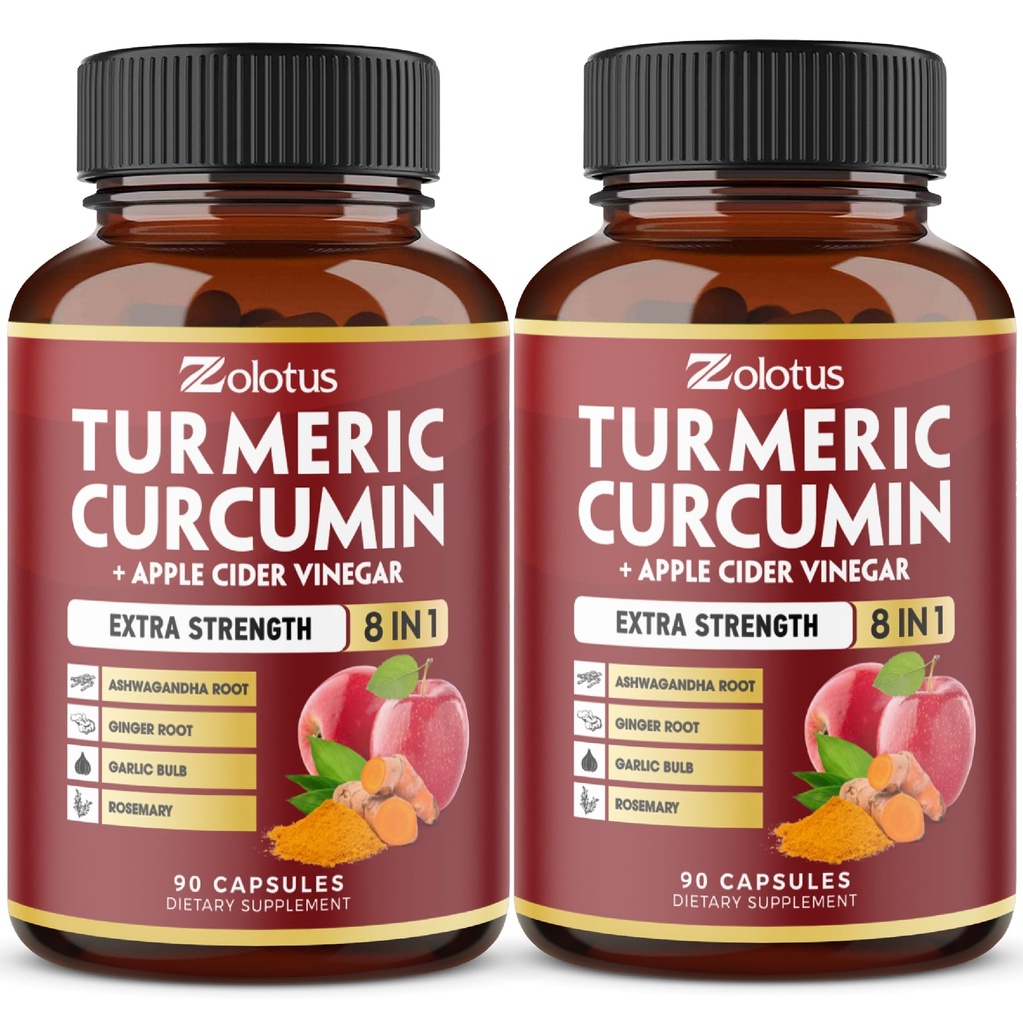 2 paket 90 Capsules Turmeric Curcumin + Apple Cinder Vinegar Capsules, 6 Bulan Supply dengan Ashwagandha, Ginger, 95% Tersedia Curcuminoid, Dukungan Hiburan Gabungan