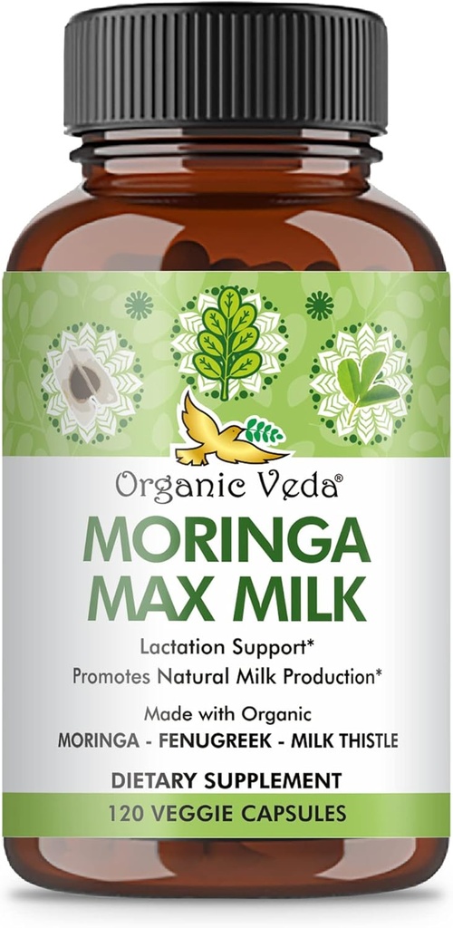 Veda Moringa Max Milk Lactation Suplement (120 Kapsules) - Kompleks Vegan Organik Organik 1800mg dengan Fenugreek, Milk Thistle, Moringa Leaf & Seeds untuk Penyetelan Susu