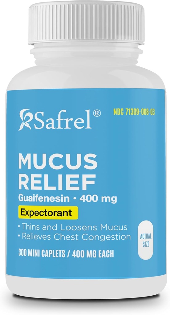 Safrel Pharma Mucus Relief Guaifenesin 400 mg - Flu Acting Expectorant, Thins and Loosen Mucus, Relieves Chest Contrable, Cough, Cold dan Flu 124; (300 Cacah (Paket 1)