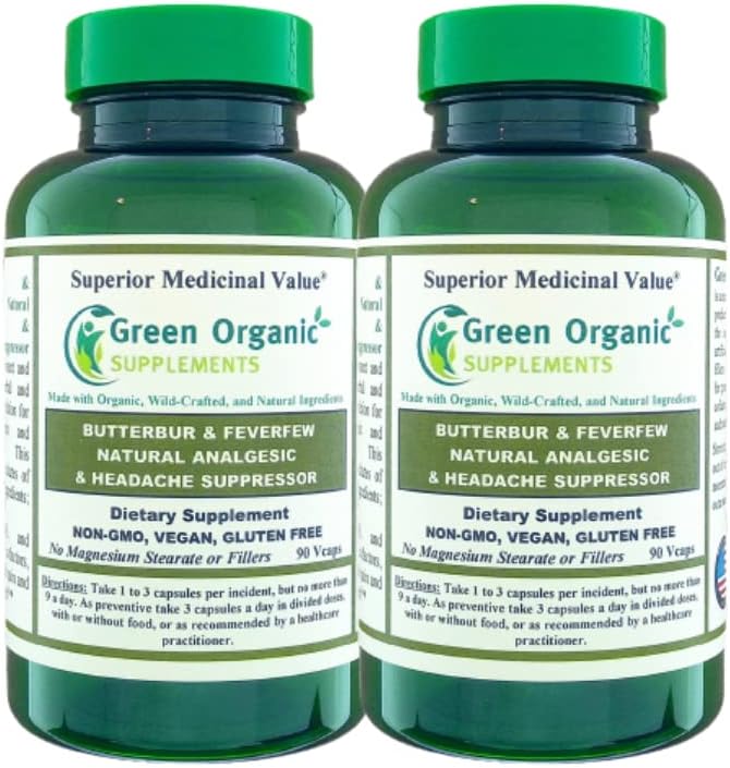 Suplemen Organik Hijau Butterbur, Feverfew, Analgesic, Painkiller, & Headache Supresor, 90 VCaps, Tinggi Absorbable, Non-GMO, Bebas (Paket 2)