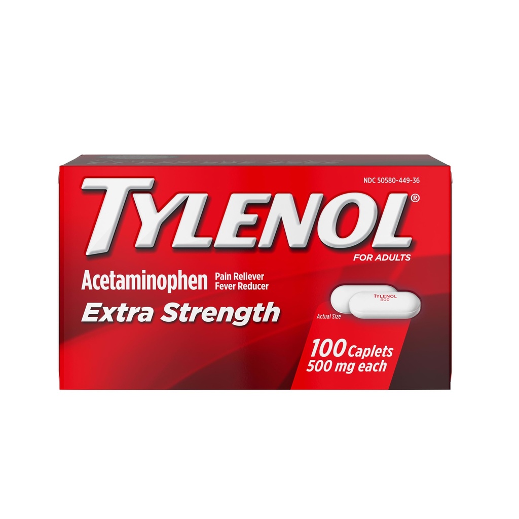 Tylenol Extra Power Relief Pill, Acetaminofhen 500mg Caplets, Suin Reliever and Fever Reducer Medicine for Headache, Bajache, ToorArthritis, 100 Count Bottle