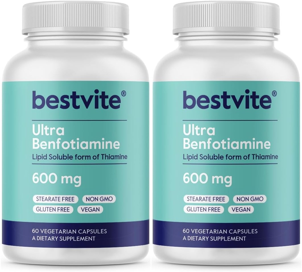 Ultra Benfotiamine 600mg per Capsule (120 Vegetarian Capsules) (60x2) No Stearate - No Silicon Dioksida - Vegan - Non GMO - Gluten Free - Maximum Power Benfotiamine
