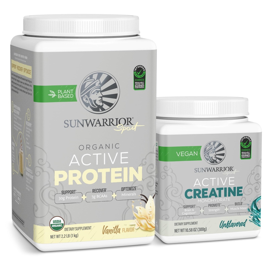 Sunwarrior Creatine Powder & Vanilla Active Organic Protein Powder Set 124; Bundle & Save 144; Vegan Protein Plus Creatine Monohydrate (60 Servings Unflashing, 20 Servilla)