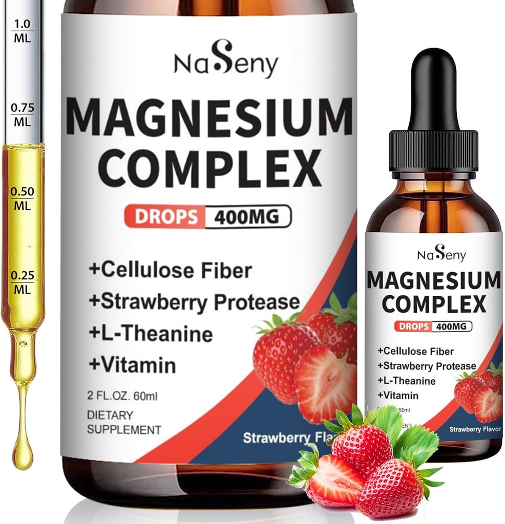 Magnesium Glycinate Liquid 400mg, Asorpsi Tinggi Kompleks Magnesium Magnesium dengan Vitamin B6, D, C untuk mendukung Sleep, Muscle, Nerve Health, Non-GMO Gluten Free Vegan (2 Fl Oz / Strawberry)