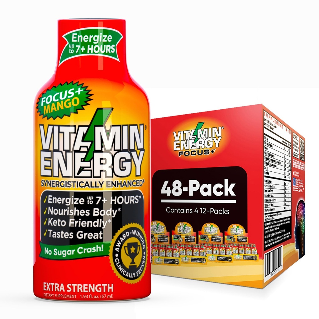 Vitamin Energy Focus + Extra Energy Shot Mangga 48 Pack, 260mg Natural Caffeine, B-Vitamin, CoQ10, Amino Acids, Focus, Produtivitas & Kejelasan, Nol Gula, Gluten- Free, 1.93 fl oz